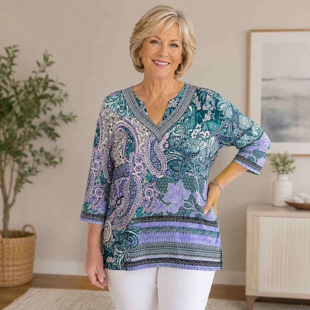 Chicos 3P Petite Paisley Floral V-Neck 3/4 Sleeve Tunic Blouse Purple Teal